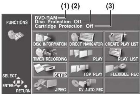 FUNCTIONS DVD-RAM Disc Protection Off Cartridge Protection Off (1) (2) (3) SELECT ENTER RETURN DISC INFORMATION DIRECT NAVIGATOR CREATE PLAY LIST TIMER RECORDING PLAY PLAY LIST SETUP TOP PLAY FLEXIBLE REC JPEG DV AUTO REC