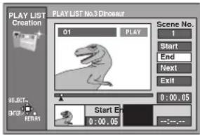 PLAY LIST Creation 01 PLAY Scene No. 1 Start End Next Exit 0:00.05 Start End 0:00.05 ---