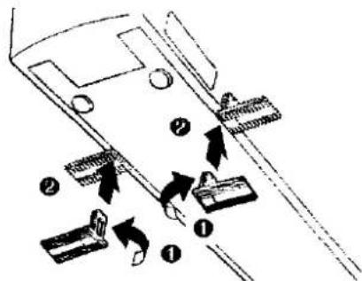 Diagram showing mechanical assembly steps with numbered components and directional arrows indicating motion