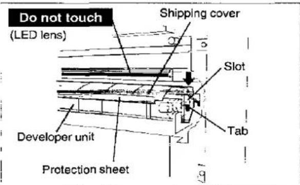 Do not touch (LED lens) Shipping cover Slot Developer unit Protection sheet Tab