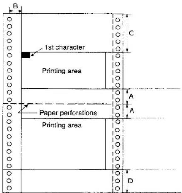 B 1st character Printing area Paper perforations Printing area C A A D