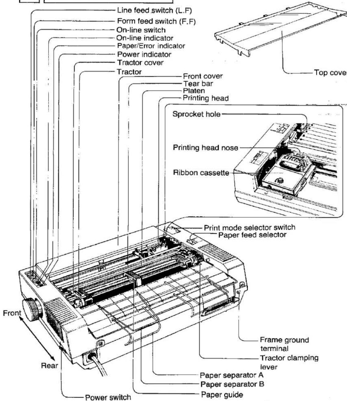 Line feed switch (L.F) Form feed switch (F.F) On-line switch On-line indicator Paper/Error indicator Power indicator Tractor cover Tractor Front cover Tear bar Platen Printing head Sprocket hole Printing head nose Ribbon cassette Print mode selector switch Paper feed selector Front Rear Power switch Frame ground terminal Tractor clamping lever Paper separator A Paper separator B Paper guide Top cover