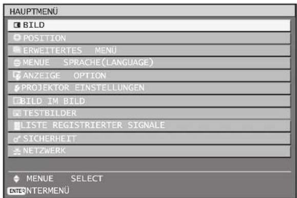 HAUPTMENÜ BILD POSITION ERWEITERTES MENÜ MENÜ SPRACHE (LANGUAGE) ANZEIGE OPTION PROJEKTOR EINSTELLUNGEN BILD IM BILD TESTBILDER LISTE REGISTRIERTER SIGNALE SICHERHEIT NETZWERK MENÜ SELECT ENTER INTERMENÜ