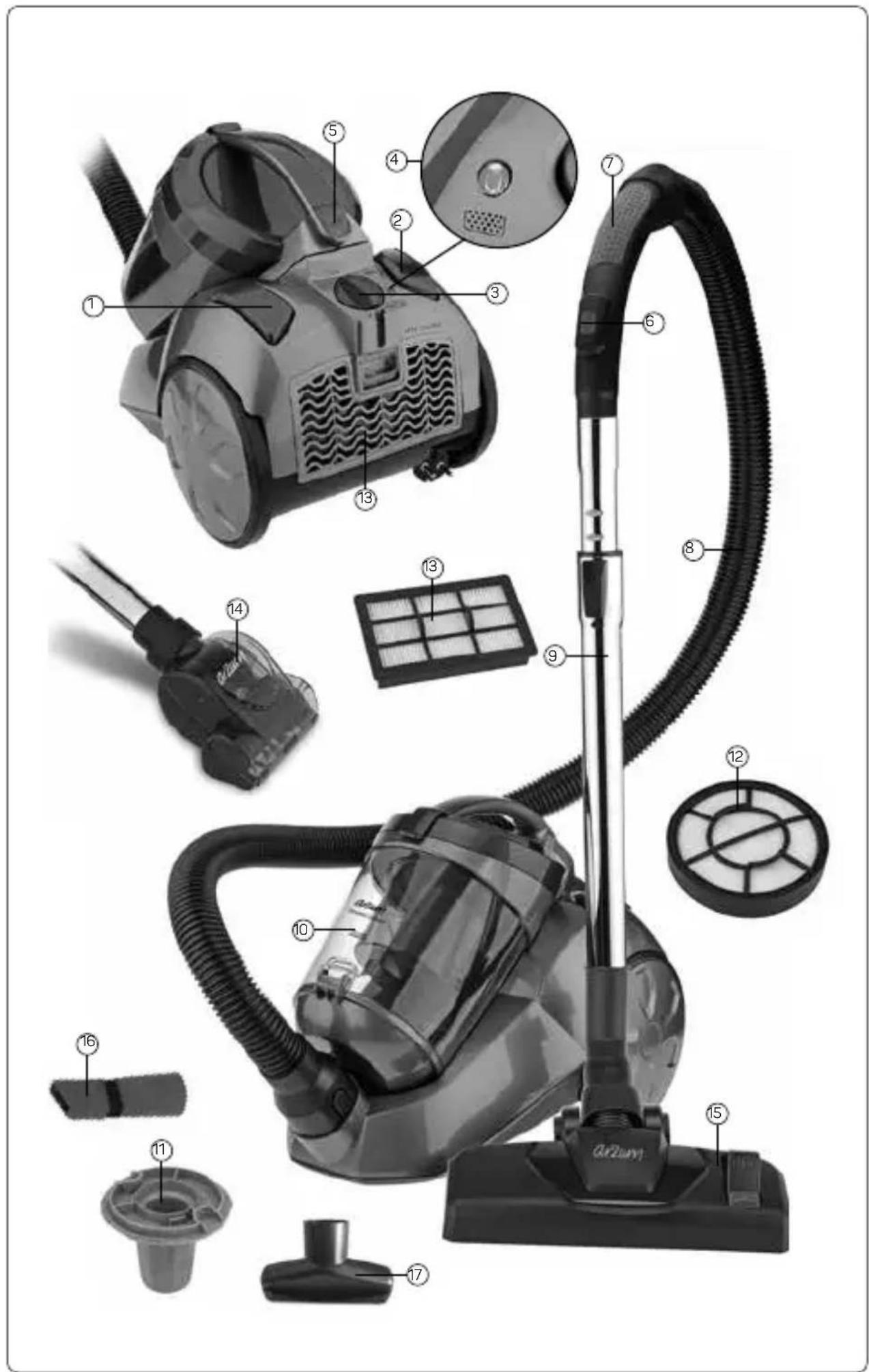 Exploded view diagram of a vacuum cleaner with numbered parts for identification and assembly reference.