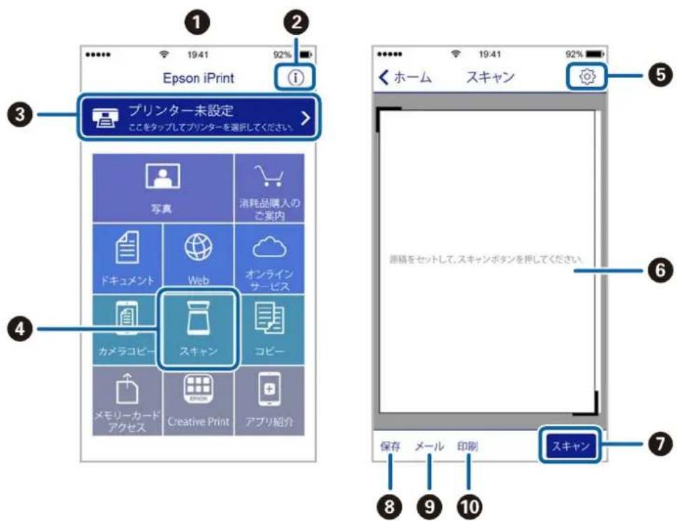 1 2 Epson iPrint 3 プリンター未設定 ここをタップしてプリンターを選択してください 写真 消耗品購入のご案内 ドキュメント Web オンラインサービス カメラコピー スキャン コピー メモリーカード アクセス Creative Print アプリ紹介 4 5 くホーム スキャン 6 原稿をセットして、スキャンボタンを押してください 7 保存 メール 印刷 スキャン 8 9 10