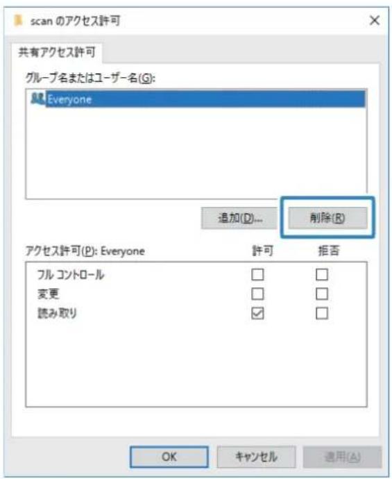 scan のアクセス許可 共有アクセス許可 グループ名またはユーザー名(G): Everyone 追加(D)... 削除(R) アクセス許可(P): Everyone 許可 拒否 フルコントロール 変更 読み取り OK キャンセル 適用(A)