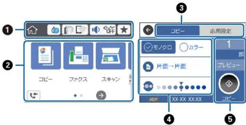 1 2 コピー ファクス スキャン 3 コピー 応用設定 モノクロ カラー 片面→片面 4 部 プレビュー コビー ADF XX-XX XX:XX 5