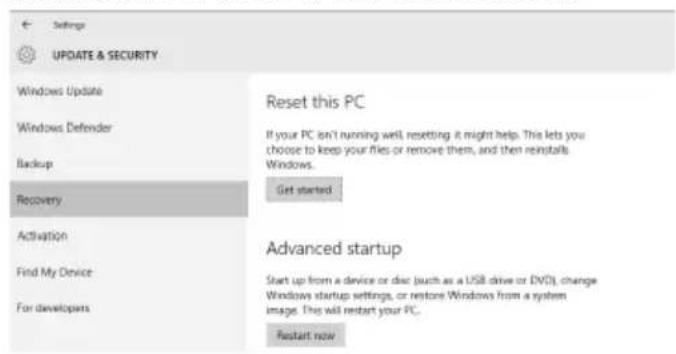 Settings UPDATE & SECURITY Windows Update Windows Defender Backup Recovery Activation Find My Device For developers Reset this PC If your PC isn't running well, resetting it might help. This lets you choose to keep your files or remove them, and then reinstalls. Windows. Get started Advanced startup Start up from a device or disc (such as a USB drive or DVD), change Windows startup settings, or restore Windows from a system image. This will restart your PC. Restart now