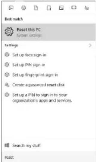 Best match Reset this PC System settings Settings Set up face sign-in Set up PIN sign-in Set up fingerprint sign-in Create a password reset disk Set up a PIN to sign in to your organization's apps and services. Search my stuff reset