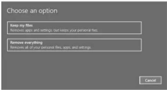 Choose an option Keep my files Removes apps and settings, but keeps your personal files. Remove everything Removes all of your personal files, apps, and settings. Cancel