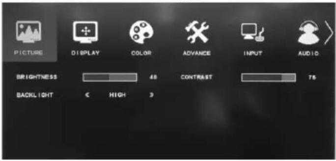 PICTURE DISPLAY COLOR ADVANCE INPUT AUDIO BRIGHTNESS 48 CONTRAST 76 BACKLIGHT € HIGH 3