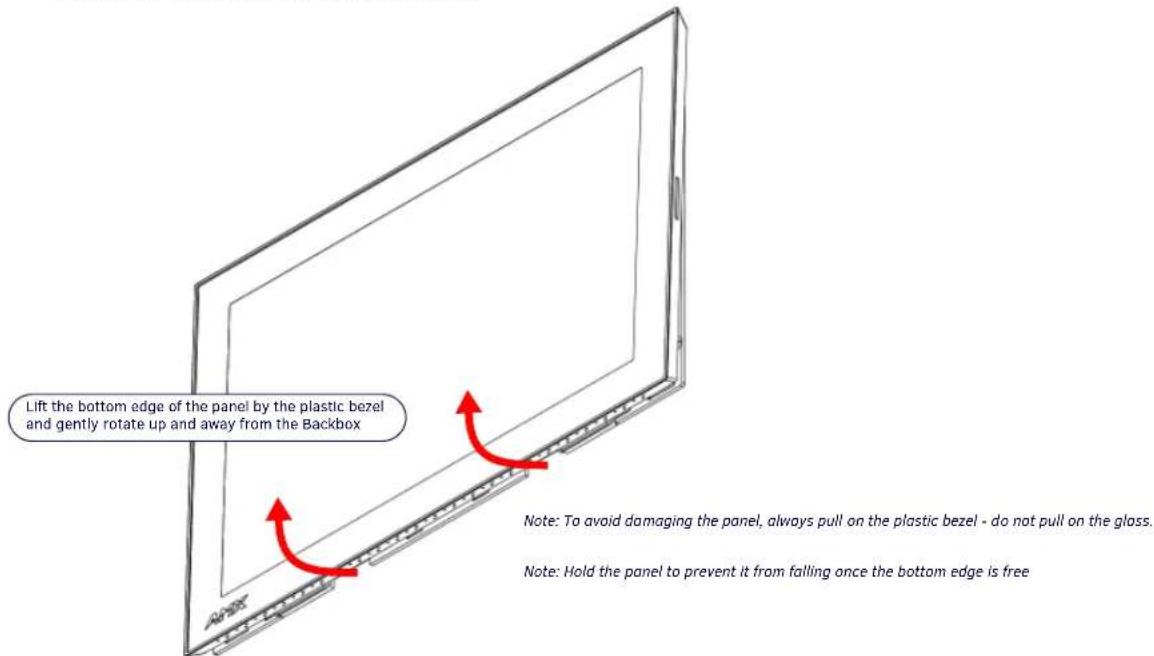 Lift the bottom edge of the panel by the plastic bezel and gently rotate up and away from the Backbox Note: To avoid damaging the panel, always pull on the plastic bezel - do not pull on the glass. Note: Hold the panel to prevent it from falling once the bottom edge is free