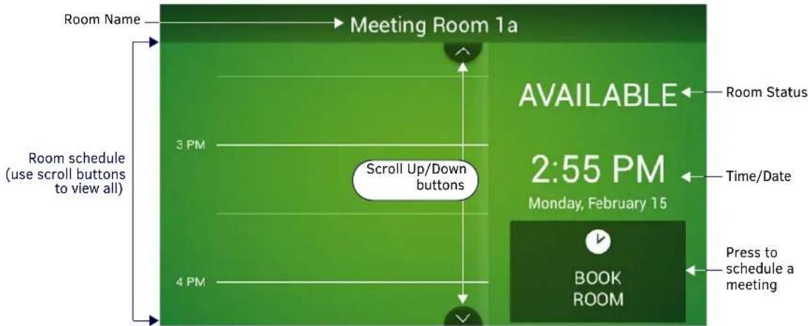 Room Name Meeting Room 1a Room schedule (use scroll buttons to view all) 3 PM 4 PM Scroll Up/Down buttons AVAILABLE 2:55 PM Monday, February 15 Book ROOM Room Status Time/Date Press to schedule a meeting