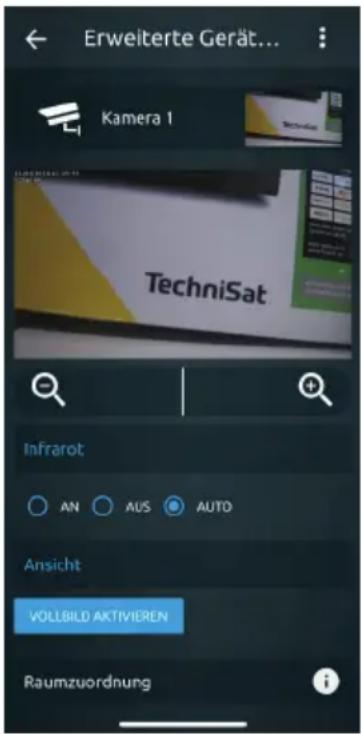 Erweiterte Gerät... Kamera 1 TechniSat Infrarot AN AUS AUTO Ansicht VOLLBID AKTIVIEREN Raumzuordnung