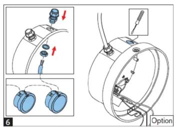 Technical diagram showing mechanical assembly steps with labeled parts and directional arrows