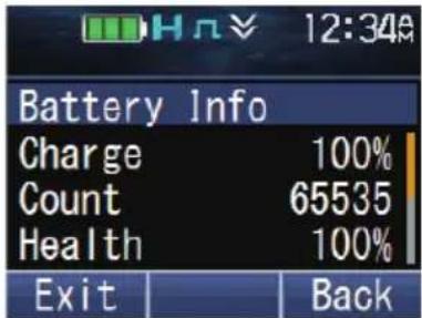 Battery Info Charge 100% Count 65535 Health 100% Exit Back