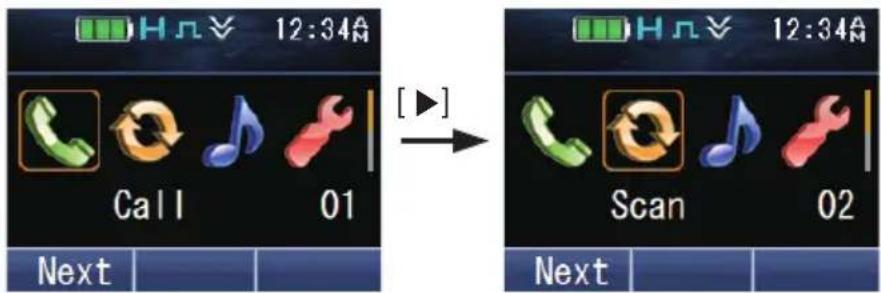 12:34A Call 01 Next Scan 02 Next