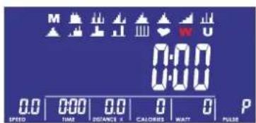 M W U 0:00 0:00 SPEED TIME DISTANCE K CALORIES W/AT P PULSE