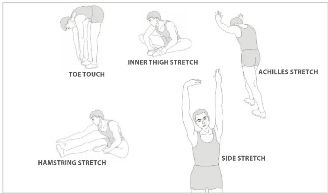 TOE TOUCH INNER THIGH STRETCH ACHILLES STRETCH HAMSTRING STRETCH SIDE STRETCH
