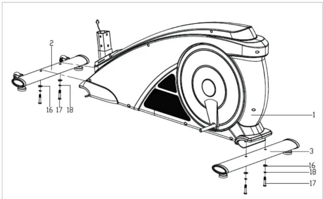 Technical diagram of a stationary exercise machine with numbered components and labeled parts