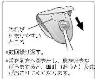 汚れが たまりやすい ところ ●数回繰り返す。 ●舌を前方へ突き出し、息を吐きな がらあてると、嘔吐（おうと）反応 がおこりにくくなります。