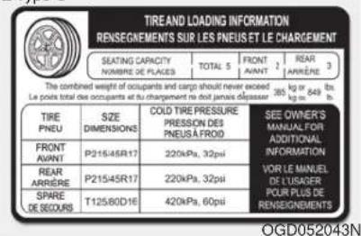 TIRE AND LOADING INFORMATION RENSEGNEMENTS SUR LES PNEUS ET LE CHARGEMENT SEATING CAPACITY NOMBRE DE PLACES TOTAL 5 FRONT AVANT 2 REAR ARRÈRE 3 The combined weight of occupants and cargo should never exceed Le point total des occupants et du chargement ne doit jamais dépasser 365 kg or 449 lbs. TIRE PNEU SIZE DIMENSIONS COLD TIRE PRESSURE PRESSION DES PNEUSA FROID SEE OWNER'S MANUAL FOR ADDITIONAL INFORMATION VOR LE MANUEL DE L'USAGER POUR PLUS DE RENSEGNEMENTS FRONT AVANT P21545R17 220kPa, 32psi REAR ARRÈRE P21545R17 220kPa, 32psi SPARE DE SECOURS T12580D16 420kPa, 60psi OGD052043N