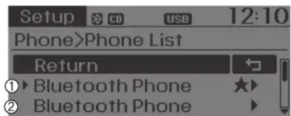 Setup CD USB 12:10 Phone>Phone List Return ① Bluetooth Phone ★ ② Bluetooth Phone