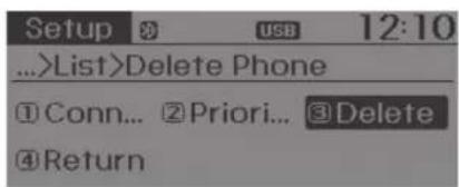 Setup USB 12:10 ...>List>Delete Phone ① Conn... ② Priori... ③ Delete ④ Return