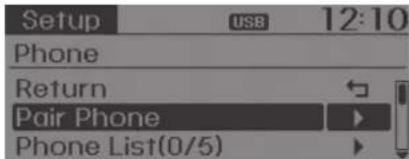Setup USB 12:10 Phone Return Pair Phone Phone List(0/5)