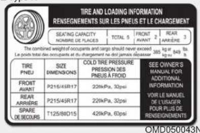 TIRE AND LOADING INFORMATION RENSEIGNEMENTS SUR LES PNEUS ET LE CHARGEMENT SEATING CAPACITY NOMBRE DE PLACES TOTAL 5 FRONT AVANT 2 REAR ARRÈRE 3 The combined weight of occupants and cargo should never exceed Le point total des occupants et du chargement ne del jamais dissipation 386 kg of 849 Ba. TIRE PNEU SIZE DIMENSIONS COLD TIRE PRESSURE PRESSION DES PNEUS À FROID SEE OWNER'S MANUAL FOR ADDITIONAL INFORMATION FOIR LE MANUEL DE L'USAGER POUR PLUS DE RENSEIGNEMENTS FRONT AVANT P215/45R17 22kPa, 30psi REAR ARRÈRE P215/45R17 22kPa, 30psi SPARE DE SEOURS T125/80D15 42kPa, 63psi OMD050043N
