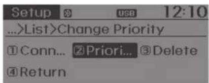 Setup 8 USB 12:10 ...>List>Change Priority ① Conn... ② Priori... ③ Delete ④ Return