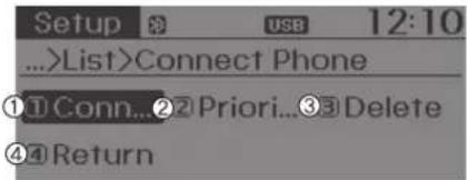 Setup USB 12:10 ...>List>Connect Phone ①Conn...②Priori...③Delete ④Return