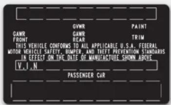 GAWR FRONT THIS VEHICLE CONFORMS TO ALL APPLICABLE U.S.A. FEDERAL MOTOR VEHICLE SAFETY, BUMPER, AND THEFT PREVENTION STANDARDS IN EFFECT ON THE DATE OF MANUFACTURE SHOWN ABOVE V. J. N. GVWR GAWR REAR PAINT TRIM PASSENGER CAR