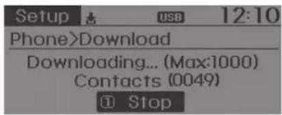 Setup USB 12:10 Phone>Download Downloading... (Max:1000) Contacts (0049) Stop