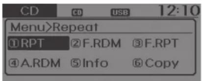 CD CD USB 12:10 Menu>Repeat ①RPT ②F.RDM ③F.RPT ④A.RDM ⑤Info ⑥Copy