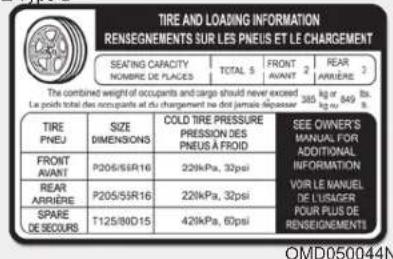 TIRE AND LOADING INFORMATION RENSEGNEMENTS SUR LES PNEIIS ET LE CHARGEMENT SEATING CAPACITY NOMBRE DE PLACES TOTAL 5 FRONT AVANT 2 REAR ARRIERE 3 The combined weight of occupants and cargo should never exceed La poich total des occupants et du chargement ne dont jamais déprése 385 kg or 849 Bk. kg ou m TIRE PNEU SIZE DIMENSIONS COLD TIRE PRESSURE PRESSION DES PNEUS À FROID SEE OWNER'S MANUAL FOR ADDITIONAL INFORMATION VOIR LE MANUEL DE L'USAGER POUR PLUS DE RENSEGNEMENTS FRONT AVANT P205/55R16 220kPa, 32psi REAR ARRIERE P205/55R16 220kPa, 32psi SPARE DE SECOURS T125/80D15 420kPa, 60psi OMD050044N