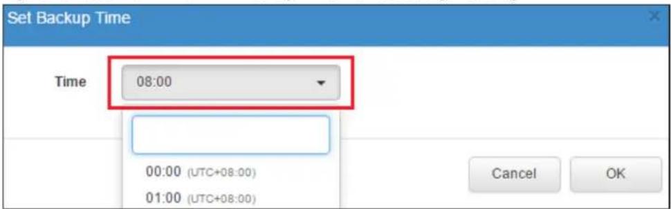 Set Backup Time Time 08:00 00:00 (UTC+08:00) 01:00 (UTC+08:00) Cancel OK