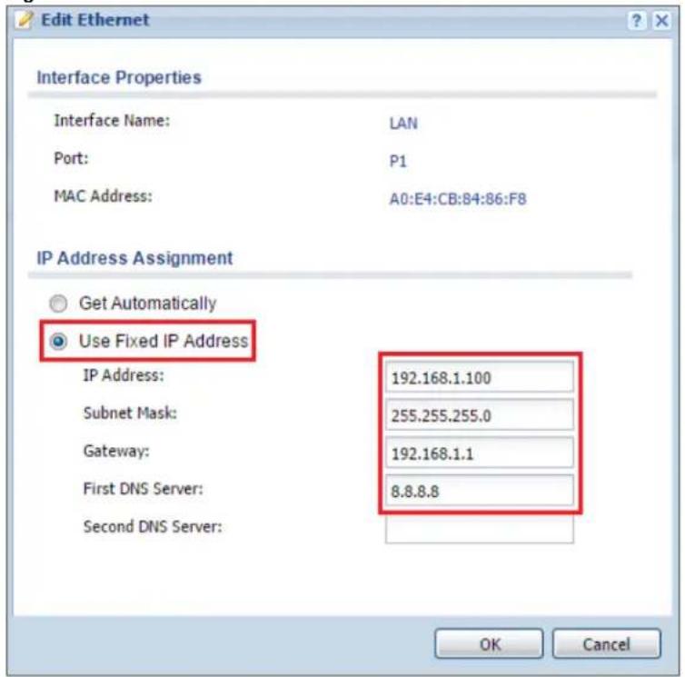 Edit Ethernet Interface Properties Interface Name: LAN Port: P1 MAC Address: A0:E4:CB:84:86:F8 IP Address Assignment Get Automatically Use Fixed IP Address IP Address: 192.168.1.100 Subnet Mask: 255.255.255.0 Gateway: 192.168.1.1 First DNS Server: 8.8.8.8 Second DNS Server: OK Cancel