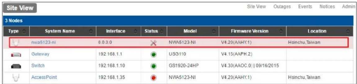 Site View Site View Outages Events Notices Admin 3 Nodes Type System Name Interface Status Model Firmware Version Location nwa5123-ni 0.0.0.0 NWA5123-NI V4.20(AAHY.1) Hsinchu,Taiwan Gateway 192.168.1.1 USG110 V4.15(AAPH.2) Switch 192.168.1.10 GS1920-24HP V4.30(AAOC.0) | 09/16/2015 AccessPoint 192.168.1.35 NWA5123-NI V4.20(AAHY.1) Hsinchu,Taiwan