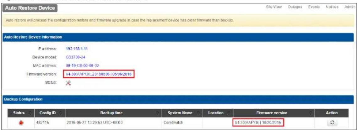 Auto Restore Device Auto restore will process the configuration restore and firmware upgrade in case the replacement device has older firmware than backup. Auto Restore Device Information IP address: 192.168.1.11 Device model: 033700-24 MAC address: 00-19-GB-00-00-02 Firmware version: V4.30(AAFY0)20180506 | 05/06/2016 Status: Backup Configuration Status Config ID Backup time System NameancyLocation Firmware version Action 482115 2018-05-27 13:29:53 UTC+08:00 CareSwitch V4.30(AAFY0) | 10/20/2015