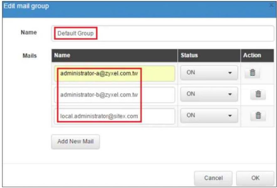 Edit mail group Name Default Group Mails Name Status Action administrator-a@zyxel.com.tw ON ▼ administrator-b@zyxel.com.tw ON ▼ local.administrator@sitex.com ON ▼ Add New Mail Cancel OK