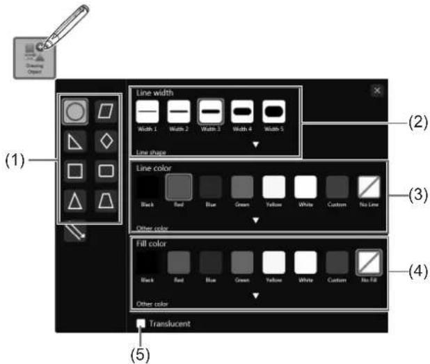 (1) Line width Width 1 Width 2 Width 3 Width 4 Width 5 Line shape Line color Black Red Blue Green Yellow White Custom No Line Other color Fill color Black Red Blue Green Yellow White Custom No Line Other color Translucent (2) (3) (4)