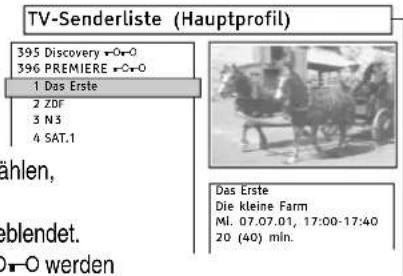 TV-Senderliste (Hauptprofil) 395 Discovery +0-0 396 PREMIERE +0-0 1 Das Erste 2 ZDF 3 N3 4 SAT.1 Zahlen, blendet. O-O werden Das Erste Die kleine Farm Ml. 07.07.01, 17:00-17:40 20 (40) min.