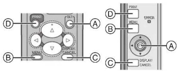 PRINT SET A B MENU DISPLAY CANCEL C D PRINT MENU ERROR A C DISPLAY CANCEL