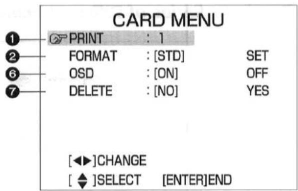 CARD MENU PRINT : 1 FORMAT : [STD] SET OSD : [ON] OFF DELETE : [NO] YES [◄►]CHANGE [ ◆ ]SELECT [ENTER]END