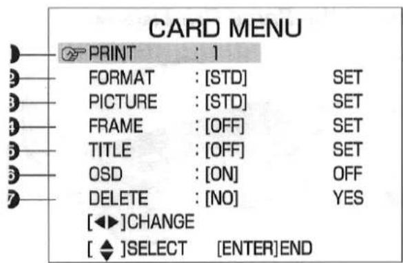 CARD MENU PRINT : 1 FORMAT : [STD] SET PICTURE : [STD] SET FRAME : [OFF] SET TITLE : [OFF] SET OSD : [ON] OFF DELETE : [NO] YES [◀▶]CHANGE [ ◆ ]SELECT [ENTER]END