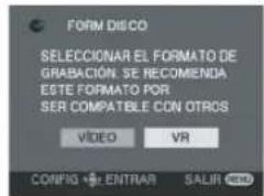 FORM DISCO SELECCIONAR EL FORMATO DE GRABACIÓN, SE RECOMENDA ESTE FORMATO POR SER COMPATIBLE CON OTROS VIDEO VR CONFIG + ENTRAR SALIR