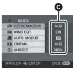 BASIS SOI SIZENENMODUS R/W WIND CUT AUFN. MODUS CINEMA UHRZEIT AUS EIN ED AUS NEIN WÄHLEN ENTER ENDE
