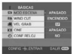BÁSICAS MOD ESCENA WIND CUT VEL GRAB CINE CONF RELOJ APAGADO ENCENDIDO APAGADO NO CONFIG → ENTRAR SALIR