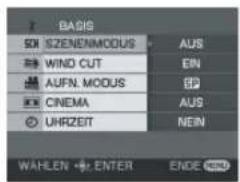 BASIS SOS SZENEAMODUS AUS WIND CUT EIN AUFN. MODUS BB CINEMA AUS UHRZEIT NEIN WAHLEN ENTER ENDE